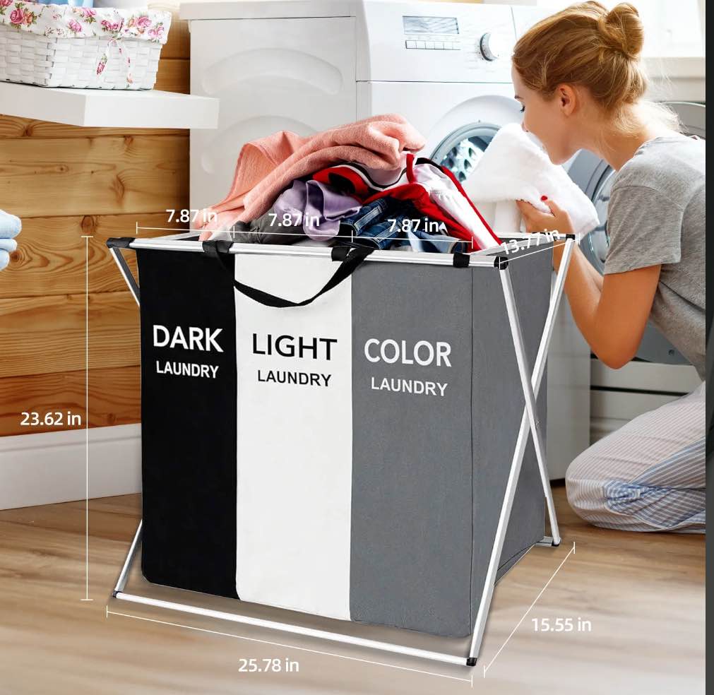 Torio 3-Compartment Collapsible Laundry Basket, Large Capacity, Space-Saving, Durable & Eco-Friendly Fabric, Perfect for Home, Dorm, College