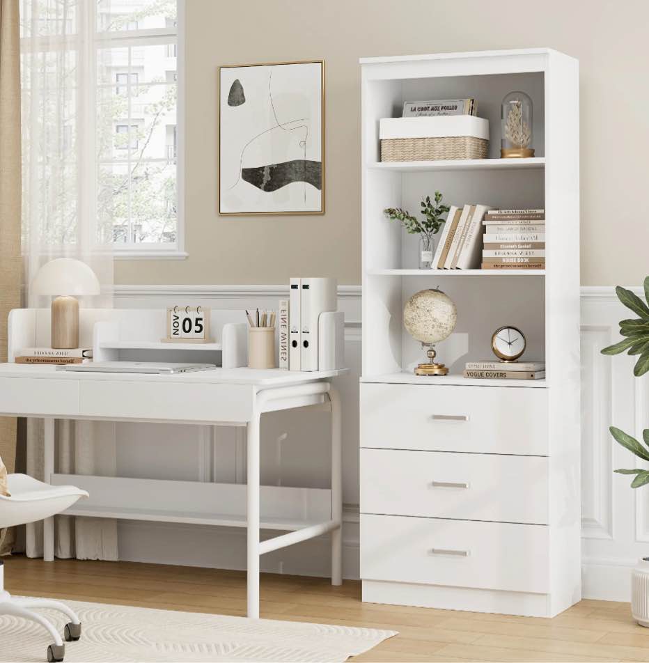 Homfa 71" Tall Bookcases with 3 Large Drawers, 3 Tier Wooden Storage Bookshelf for Living Room Home Office, White