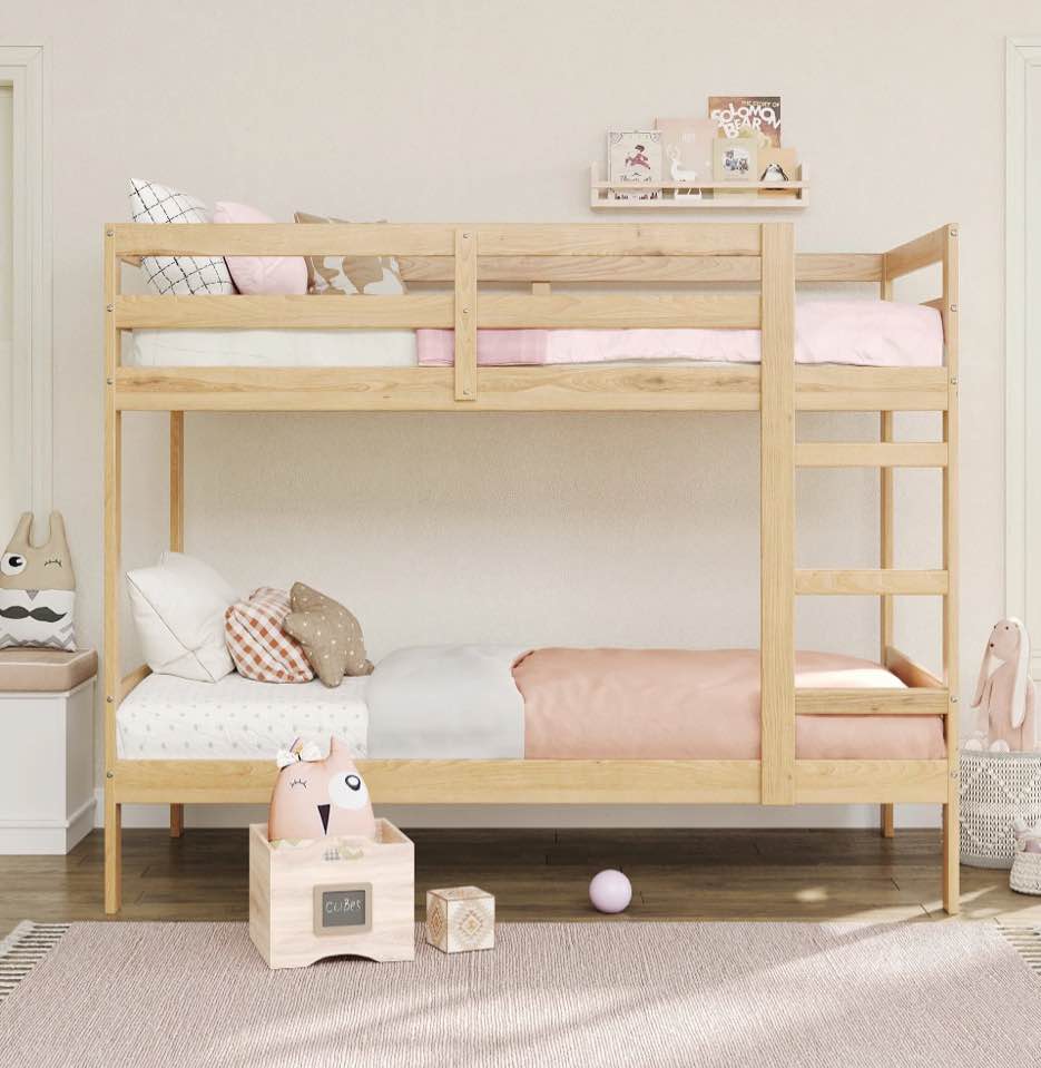 Walker Edison Modern Solid Wood Twin over Twin Bunkbed, Natural Pine