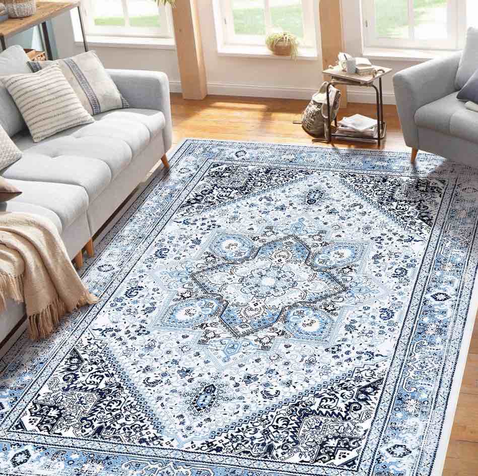Hasoo Traditional Area Rug 4' x 6' Blue Flodable Floral Print Distressed Non Slip Indoor Rug for Living Room Bathroom Kitchen Bedroom