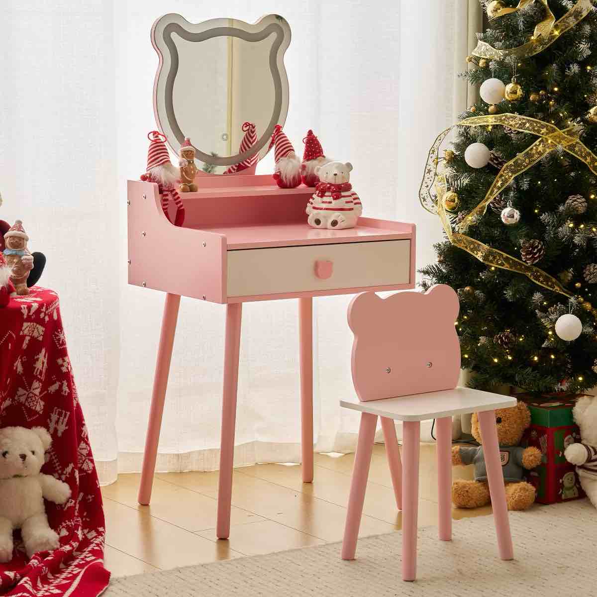 Kids Vanity Table and Chair Set, Girls Vanity Set with Stool, Mirror, Makeup Dressing Princess Table with Drawer for Little Girls