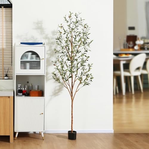 7 Ft Artificial Olive Plants with Realistic Leaves and Natural Trunk Silk Fake Potted Tree with Wood Branches and Fruits Faux Olive Tree for Office