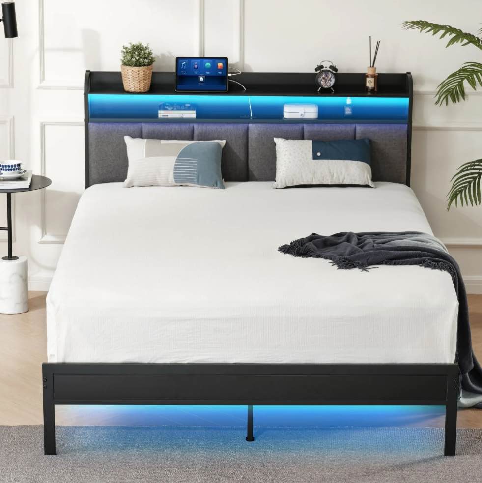 Z-hom Full Bed Frame with LED Lights Headboard, Full Size Heavy Duty Metal Hybrid Bed Frame Bed Base, Sturdy Upholstered Wooden Full Platform Bed with Charging Ports & Storage Shelves