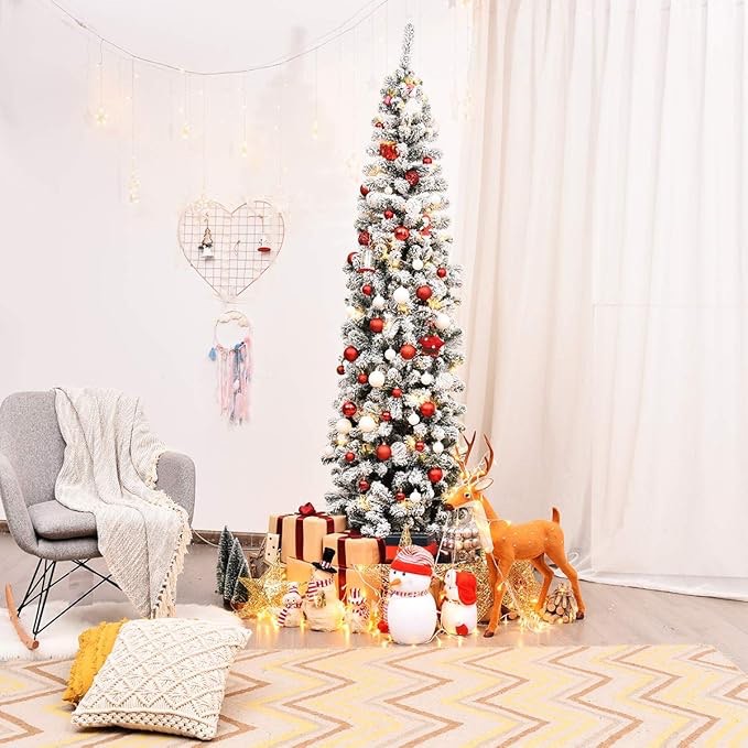 Costway - 7.5Ft Unlit Hinged Snow Flocked Artificial Pencil Christmas Tree with 641 Tips - Green/White