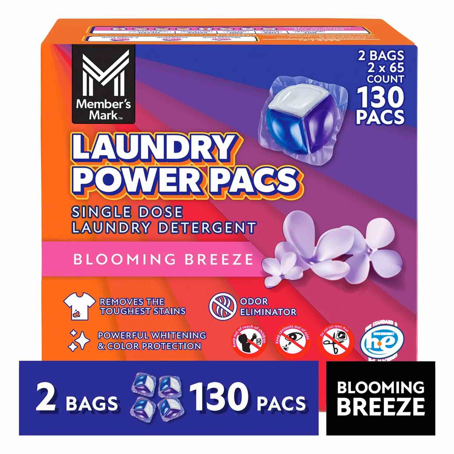 member's mark laundry detergent power pacs, blooming breeze, 130 ct.