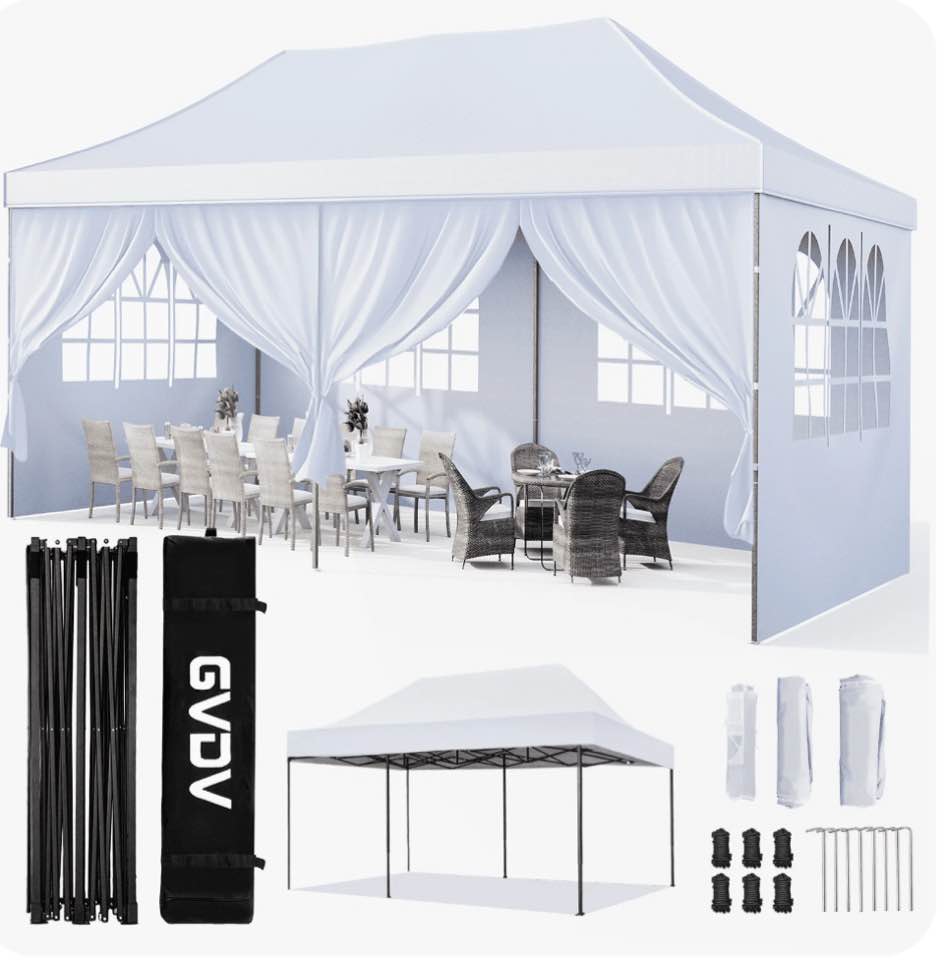 GVDV 10' x 20' Pop up Canopy Tent Party Tent Outdoor Event Instant Tent Gazebo with Removable Sidewalls and Carry Bag, White