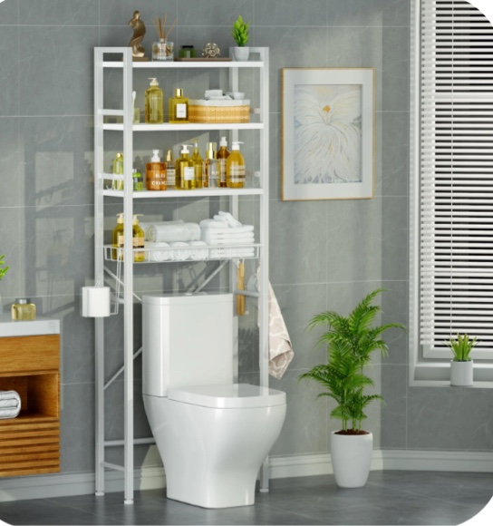 Capri Over The Toilet Storage Shelf, 4-Tier Freestanding Bathroom Organizers and Storage, above Toilet Space Saver Rack with Adjustable Shelves, Toilet Paper Holder and 3-Hooks, White