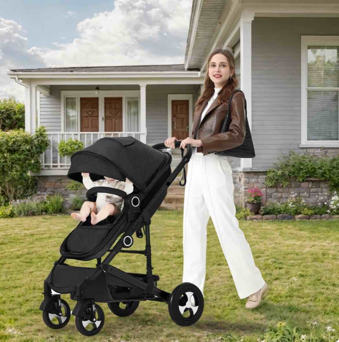 3-in-1 Convertible Baby Stroller with Big Seat and Adjustable Canopy, 24 Pound, Black