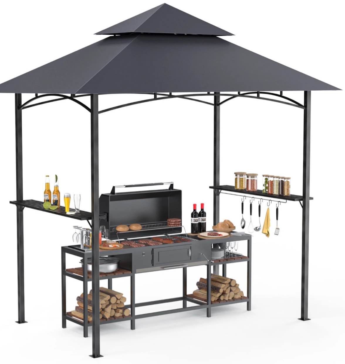 GVDV 8'x 5' Grill Gazebo Canopy, Outdoor BBQ Gazebo Shelter with 2 Side Shelves & Double-Tiered Top