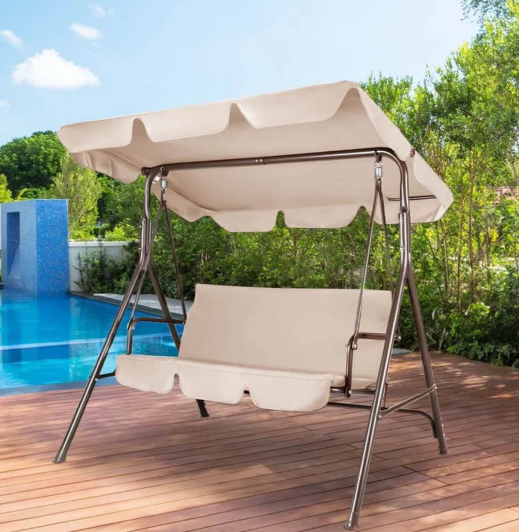 gvdv outdoor porch swing,3 seat steel patio swing chair with adjustable canopy for adults,patio,garden,poolside-white