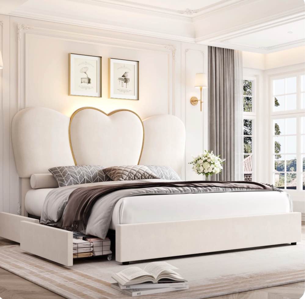 homfa king size led bed frame with 4 storage drawers, velvet upholstered platform bed with high love-heart shaped headboard, beige