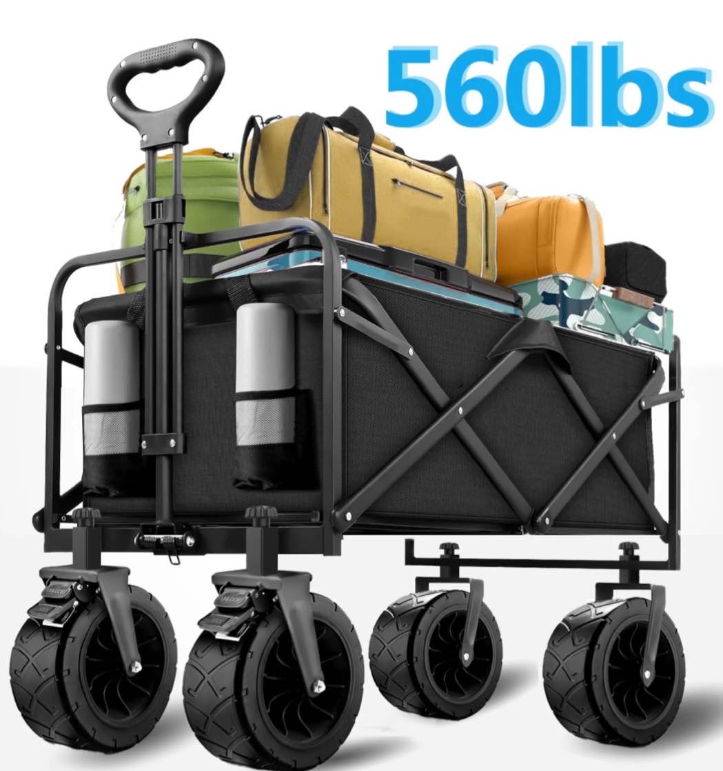 qunler 560lbs collapsible folding wagon, big bucket beach cart, heavy duty large capacity garden wagon with multi-terrain brake wheels for outdoor camping, shopping, sports, grocery, kids, black