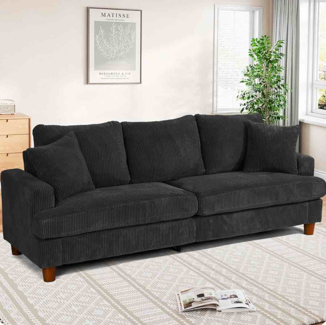 87" corduroy sofa,3 seater sofa with extra deep seats,neche comfy upholstered couch for living room,2 pillows,black