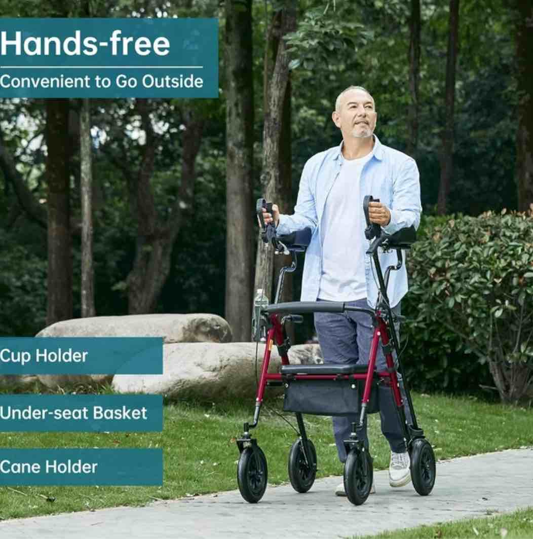 elenker upright rollator walker, all-terrain stand up rolling walker with 10" pu wheels for seniors red