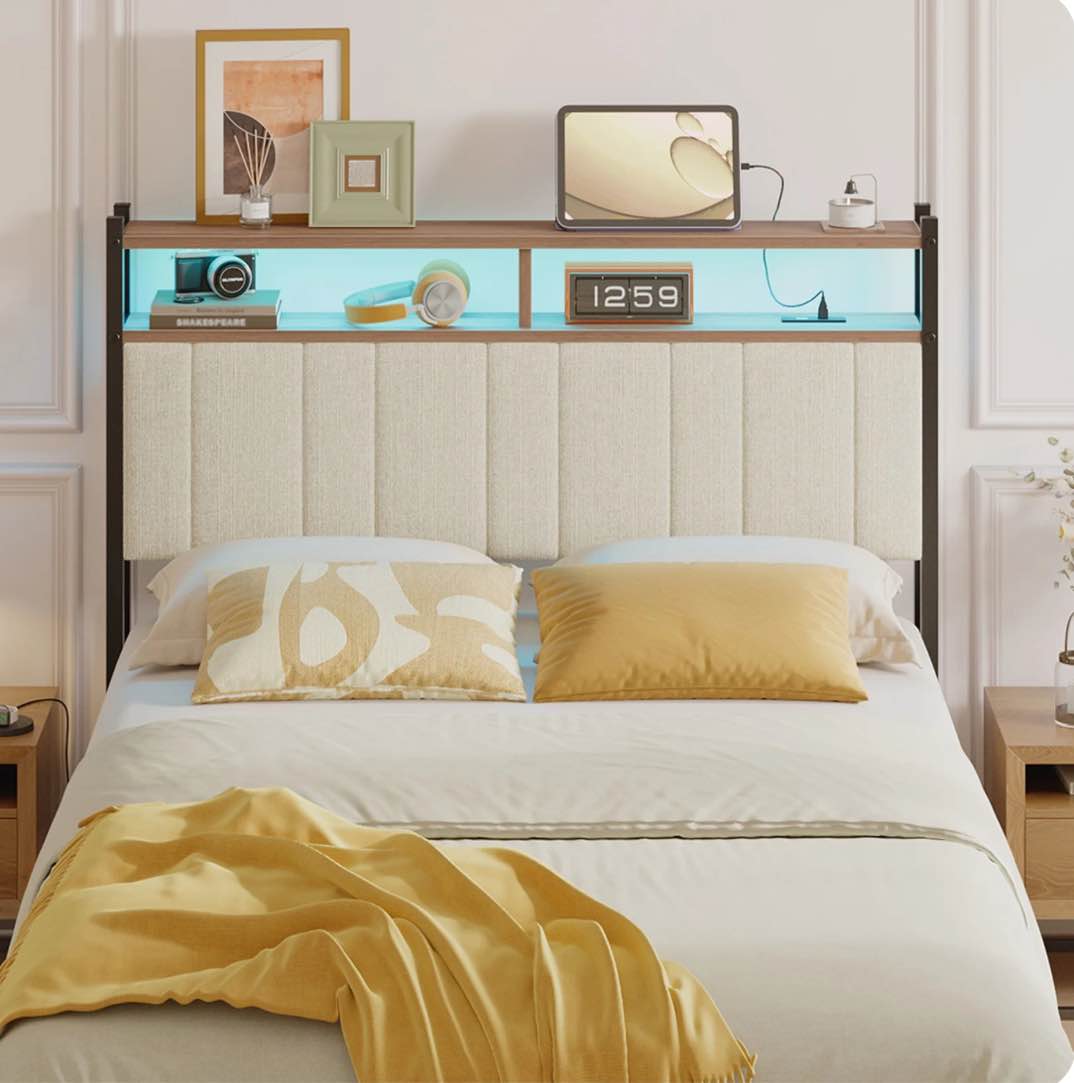 pinmoco upholstered headboard for full bed with storage, linen head board with led light and charging station, beige, headboard only