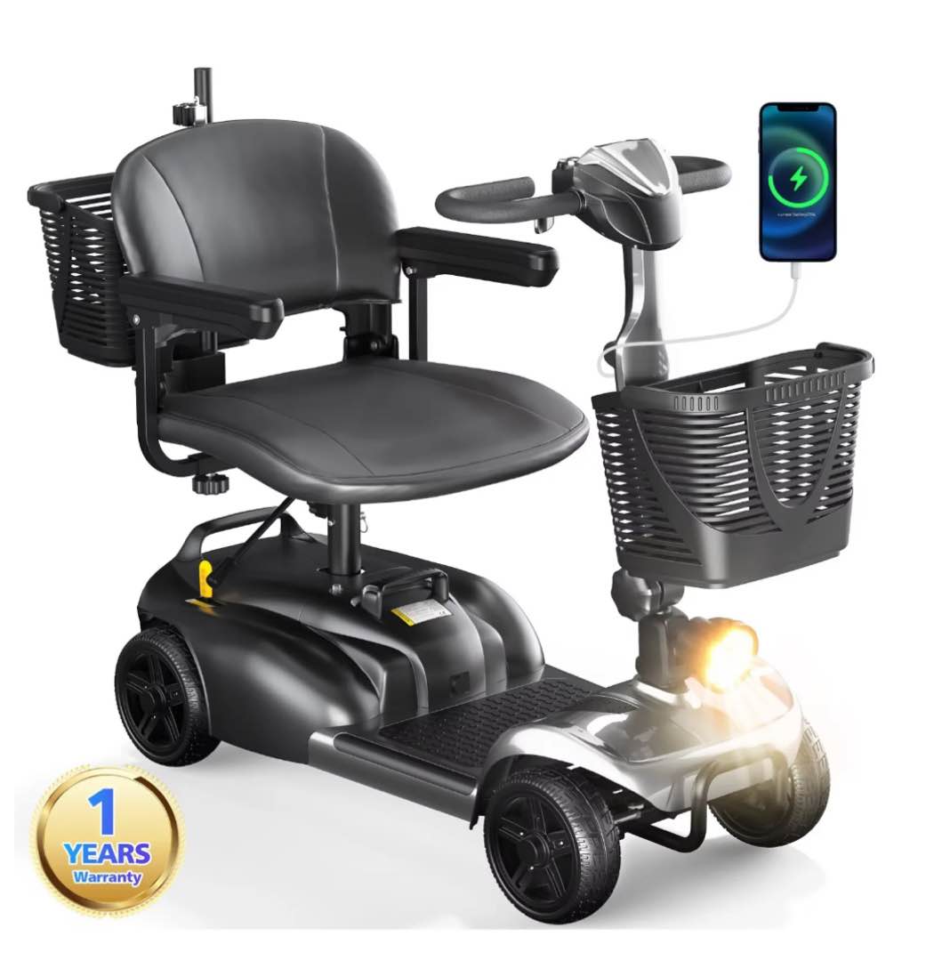 sacvon 4 wheels mobility scooter with cane holder for seniors, electric folding wheelchair device for travel, silver