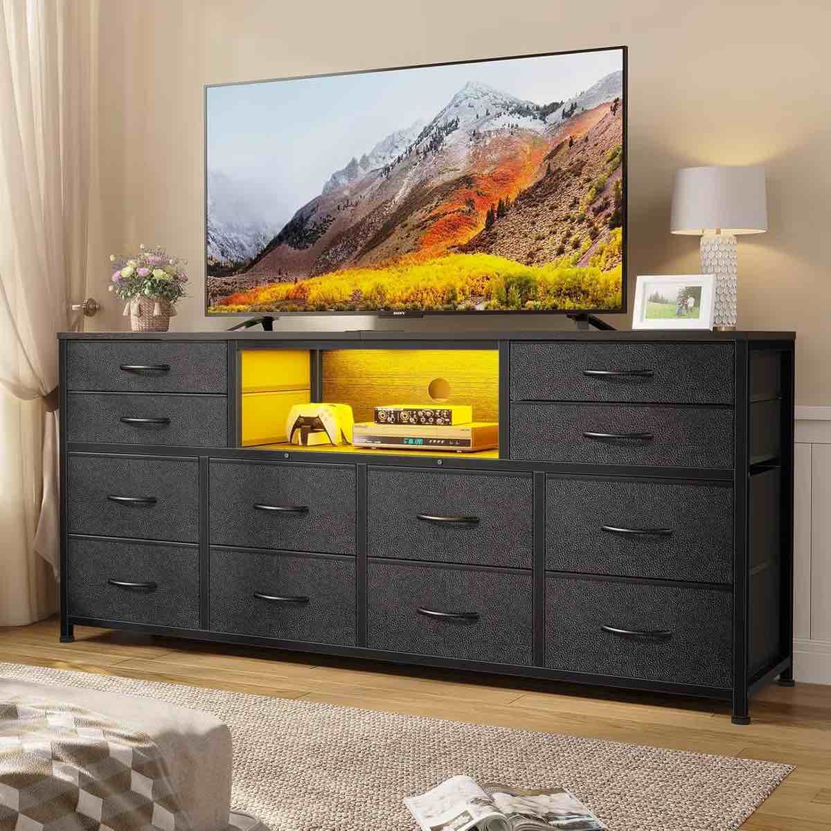 Led Tv Stand Dresser For Bedroom With Power Outlets, 55 Inch Entertainment Center With 12 Drawers