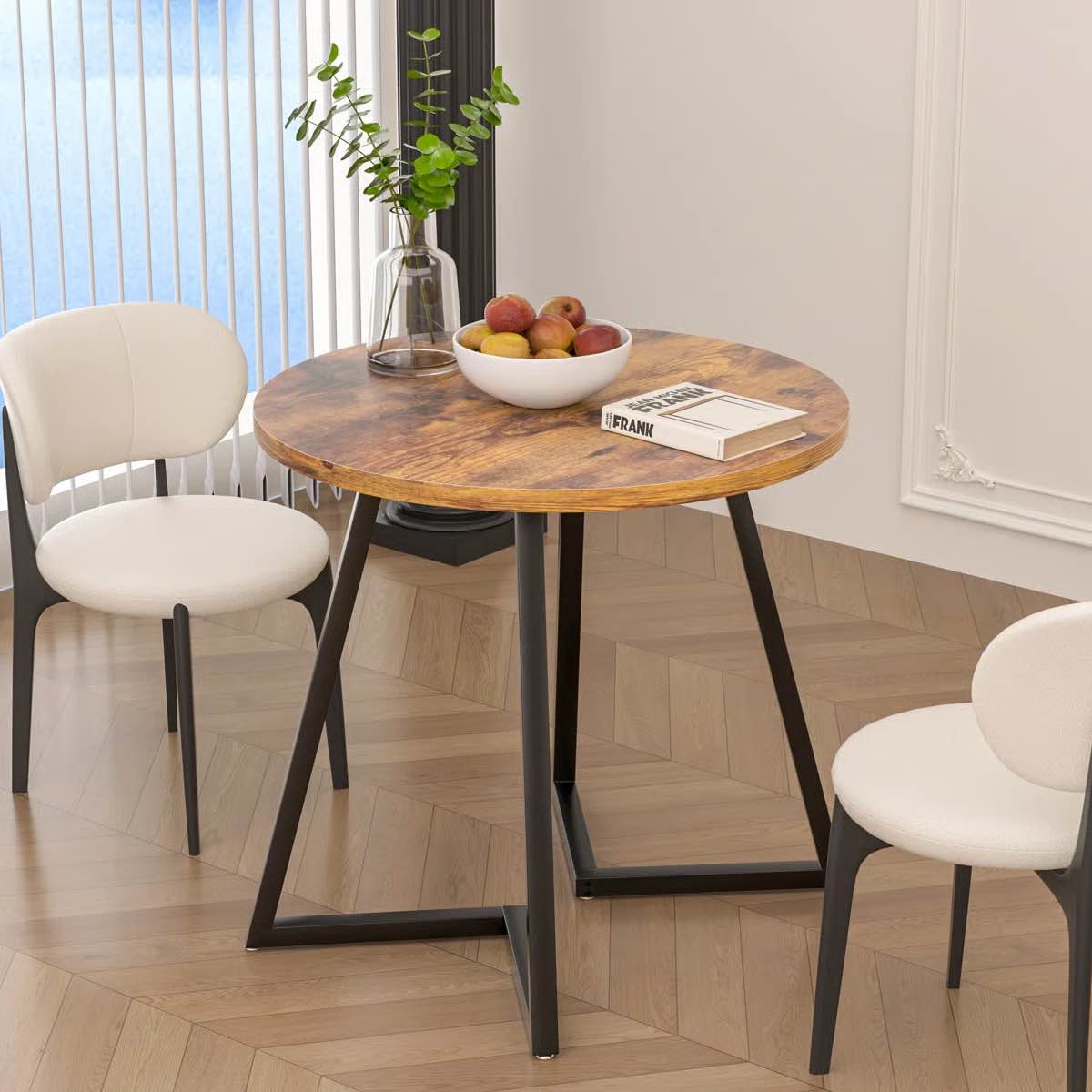 35.43" Small Round Dining Table for 2 – Mid-Century Modern Kitchen Table, Breakfast Table, Bistro Table, Indoor & Outdoor MDF Wood Table with Metal Frame, Rustic Modern Dining Table