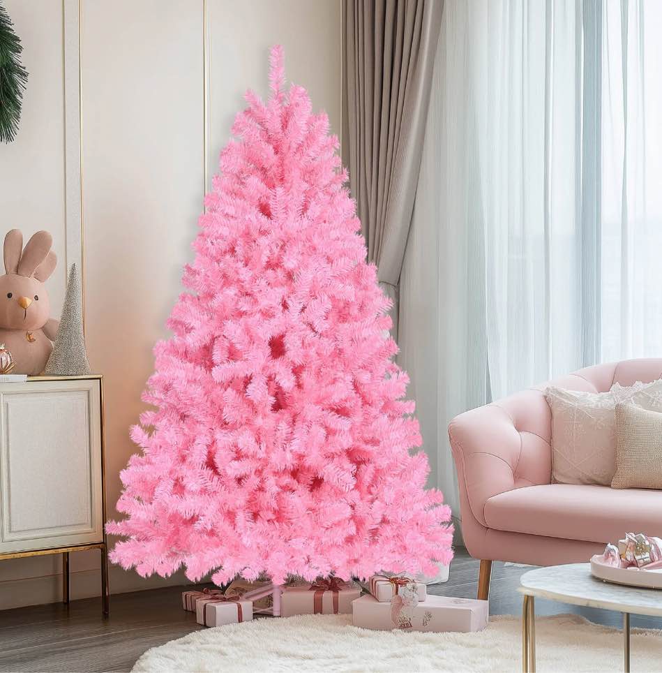 Funcid 6ft Pink Artificial Christmas Tree, Hinged Spruce Full Tree with 700 Branch Tips, Foldable Metal Stand, New PVC Material, Xmas Tree for Indoor and Outdoor Decoration