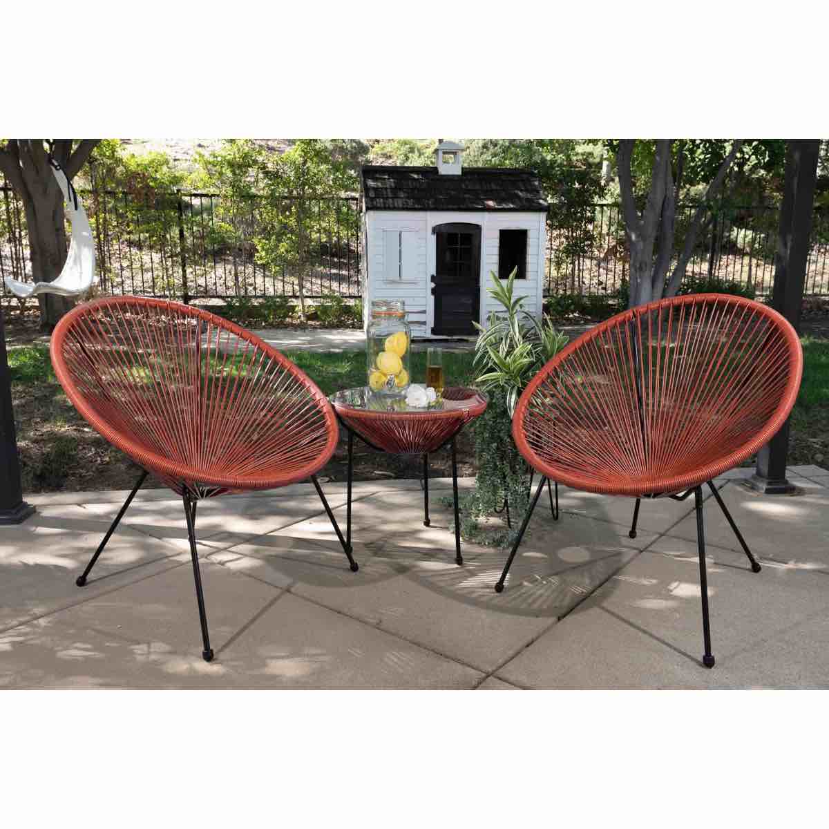 Harijs 3-Piece All-Weather Patio Acapulco Bistro Furniture Set w/ Rope, Glass Top Table
