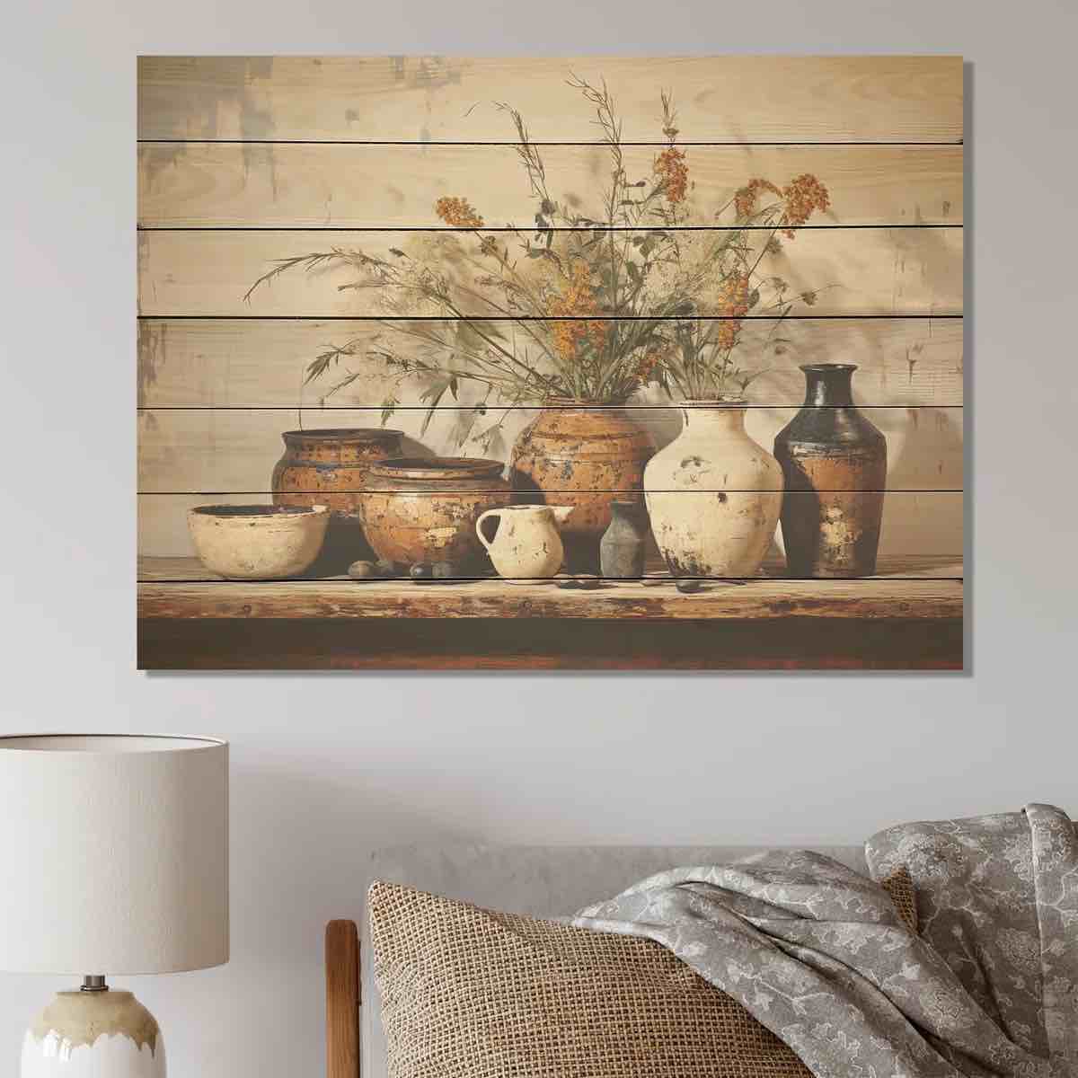 Brown Floral Vintage Pottery Artifacts - Boho Pottery On Wood Print