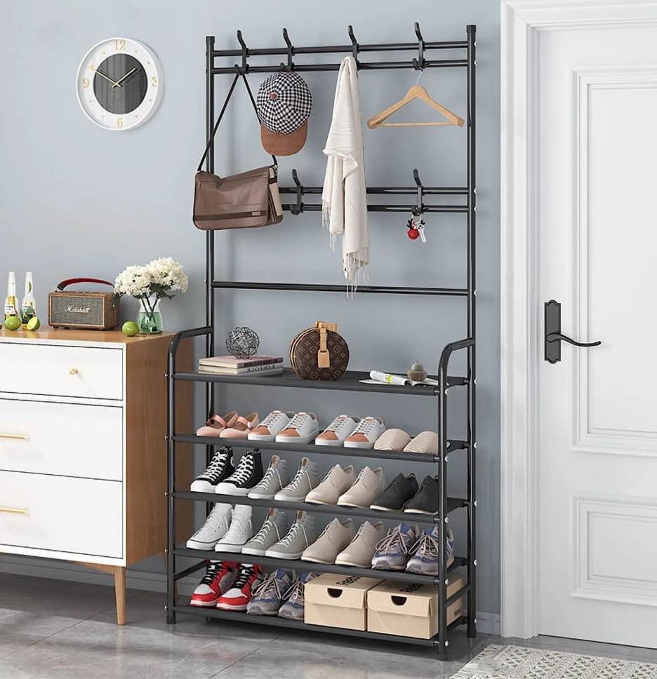 HONEIER Coat Rack, Coat Rack Stand with 8 Removable Hooks and 5 Storage Shelves, Modern Industrial Style Coat Tree for Entryway Hallway 31*10*67 Inch Hall Tree Shoe Rack