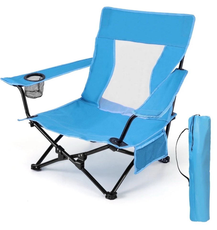 Hasteel Folding Beach Chair for Adults, Low Seat Camping Chair with High Back, Wide Seat Chair with Cup Holder & Carry Bag, Heavy Duty Portable Chair for Outdoor Picnic Travel - Blue