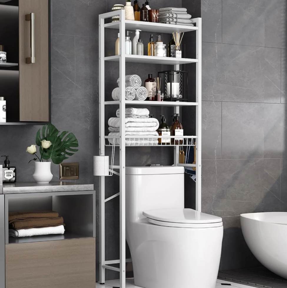 Biemlerfn Over The Toilet Storage Shelf, 4-Tier Wooden Bathroom Organizer Adjustable Saver Space Rack with Toilet Paper Holder, Pure White
