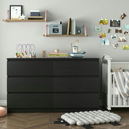 Kadyn Black Chest of Drawer 6 Double Drawer Dresser for Bedroom Modern Storage Cabinet for Living Room Nursery Dresser