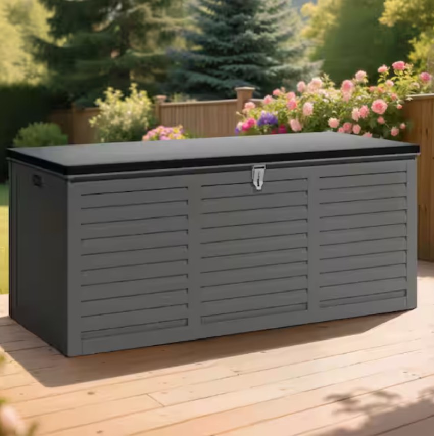 130 Gal. Gray Upgraded Resin Deck Box, Outdoor Storage Box Waterproof with Hydraulic Rod and Side Handle, Lockable