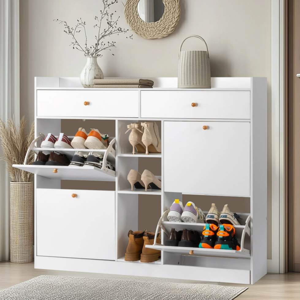 Ktaxon Shoe Cabinet with 4 Flap Drawers, Pull-out Drawers and 3-Tier Open Shoe Rack, for Entryways, White