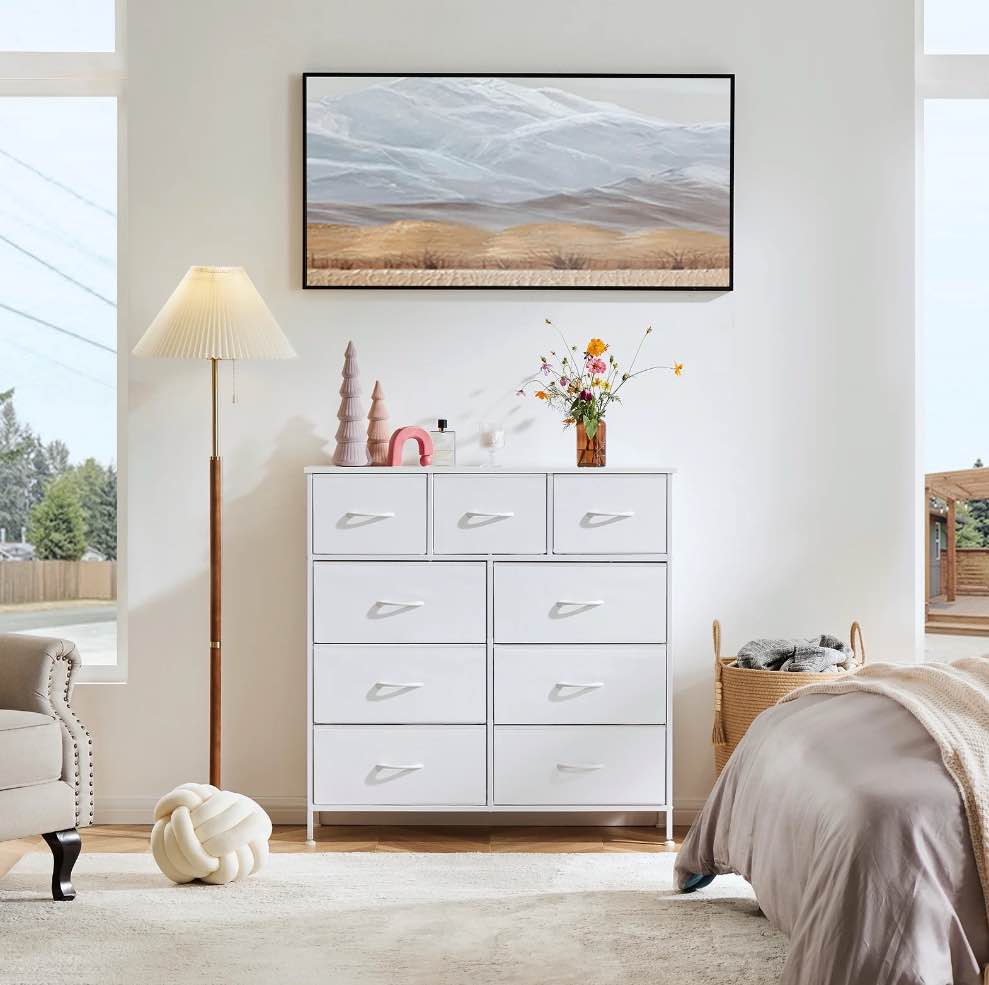 ZUNMOS Fabric Storage Dresser with 9 Drawers, Steel Frame and Wooden Top for Bedroom, Closet and Entryway , White