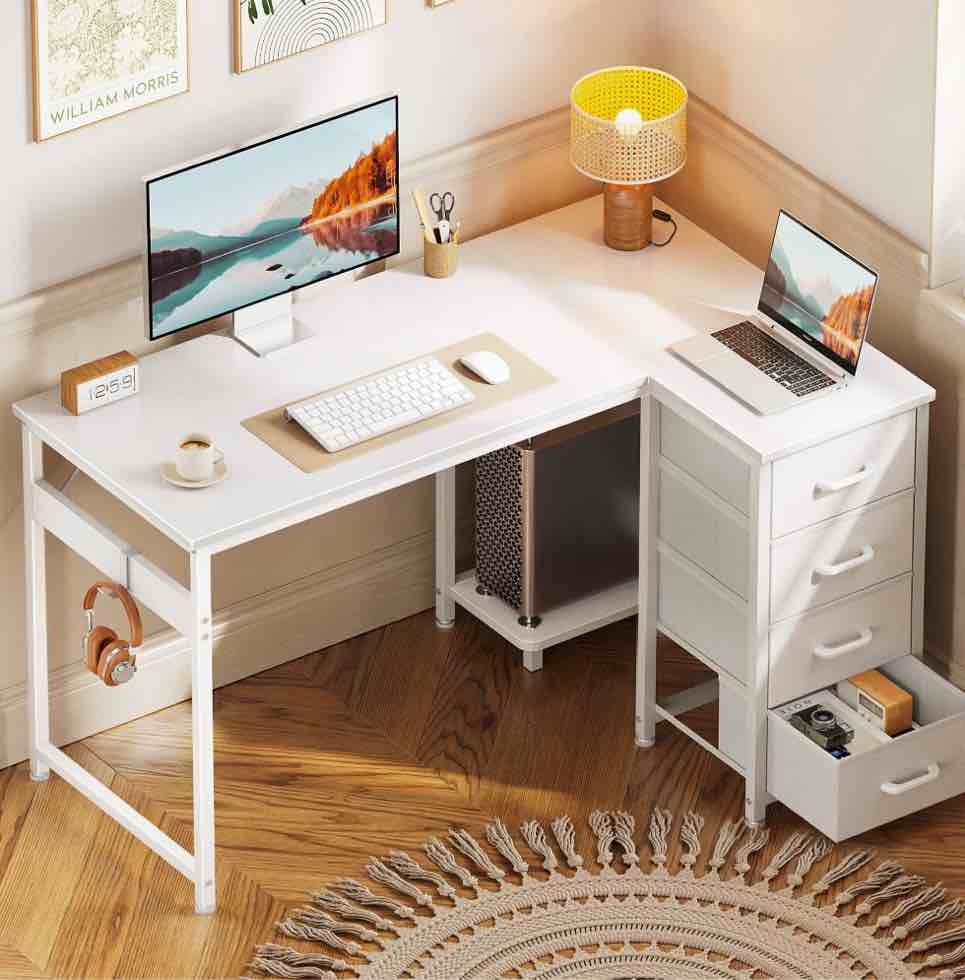 40 inch Computer Desk with 4 Fabric Drawers — Home Office Desks with Storage, Writing Desk with Side Hook, Desk Study/Work Table for Bedroom and Small Space, White