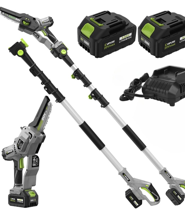 Vipuse 2-in-1 Brushless Cordless 16 FT Max Extension Pole Saws with Two 4.0Ah Rechargeable Batteries and 2.0Ah Fast Charger, 5.5lb Lightweight Auto Oiling 7 inch mini chainsaws for Tree Trimming (( Tool Only ))