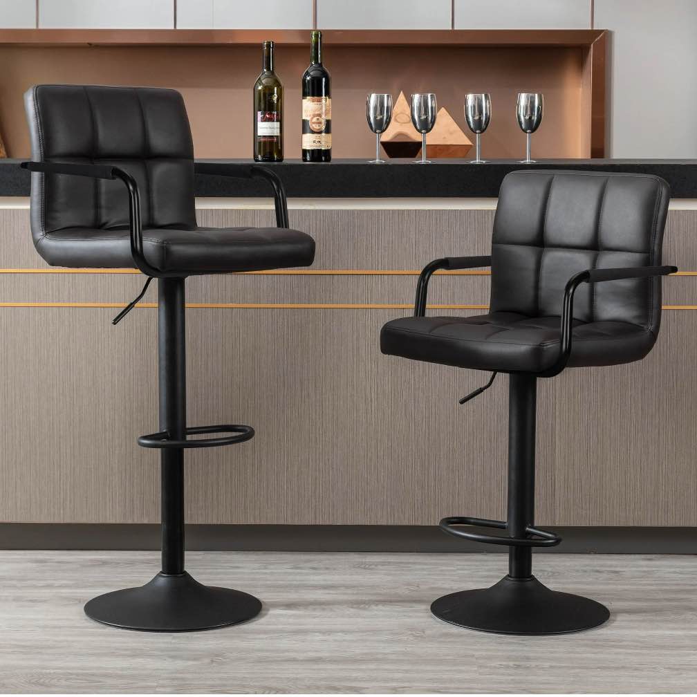 JONPONY Bar Stools Set of 2, Back and Armrest,Vintage Leather Modern Bar Chairs for Home and Kitchen Counter,Black,Low Back