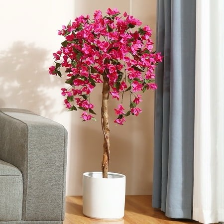 4FT Artificial Bougainvillea Flowers Tree Potted Plants with Wood Trunk and Pink Flowers for Housewarming Gift DR.Planzen 8 Lb