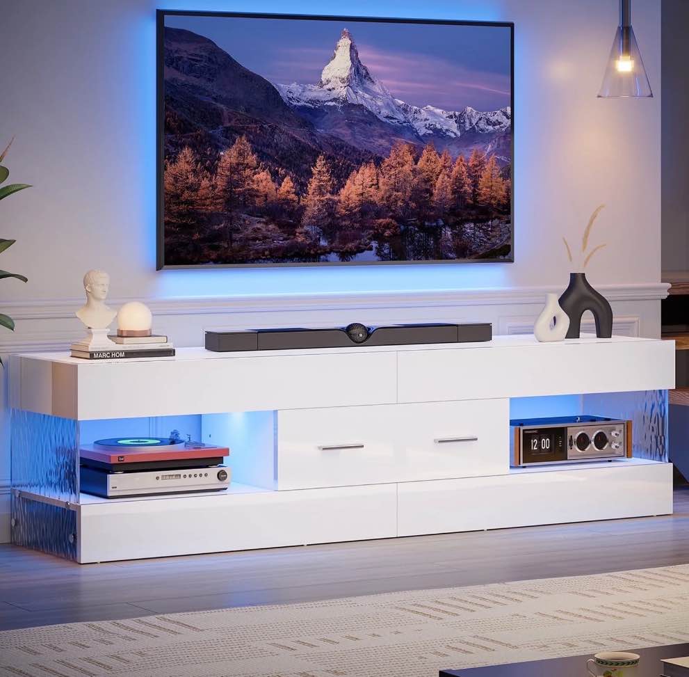 Bestier White TV Stand for TVs up to 65", Modern Entertainment Center for TVs with LED Light, High Gloss TV Console Table with Storage Drawers