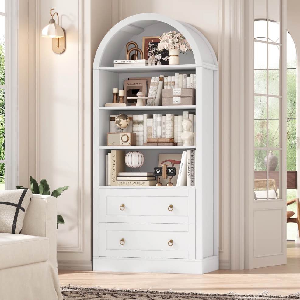 Hiphuta 70"Tall Arched Bookshelf, 4-Tier Bookcase with 2 Large Drawers, Wooden Display Shelf with Storage for Living Room Home Office, White