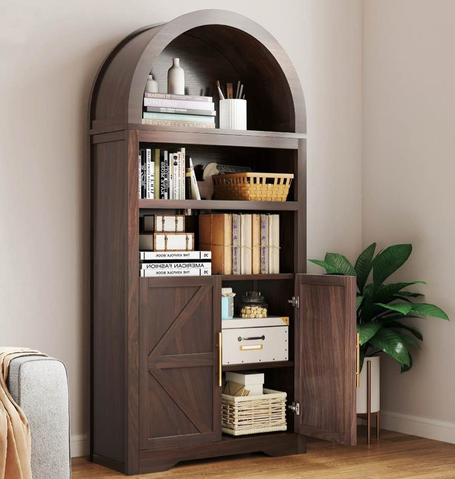Anyact 71" Arched 5-Tier Farmhouse Bookcase & Kitchen Pantry Cabinet – Wooden Storage for Living Room(Brown)