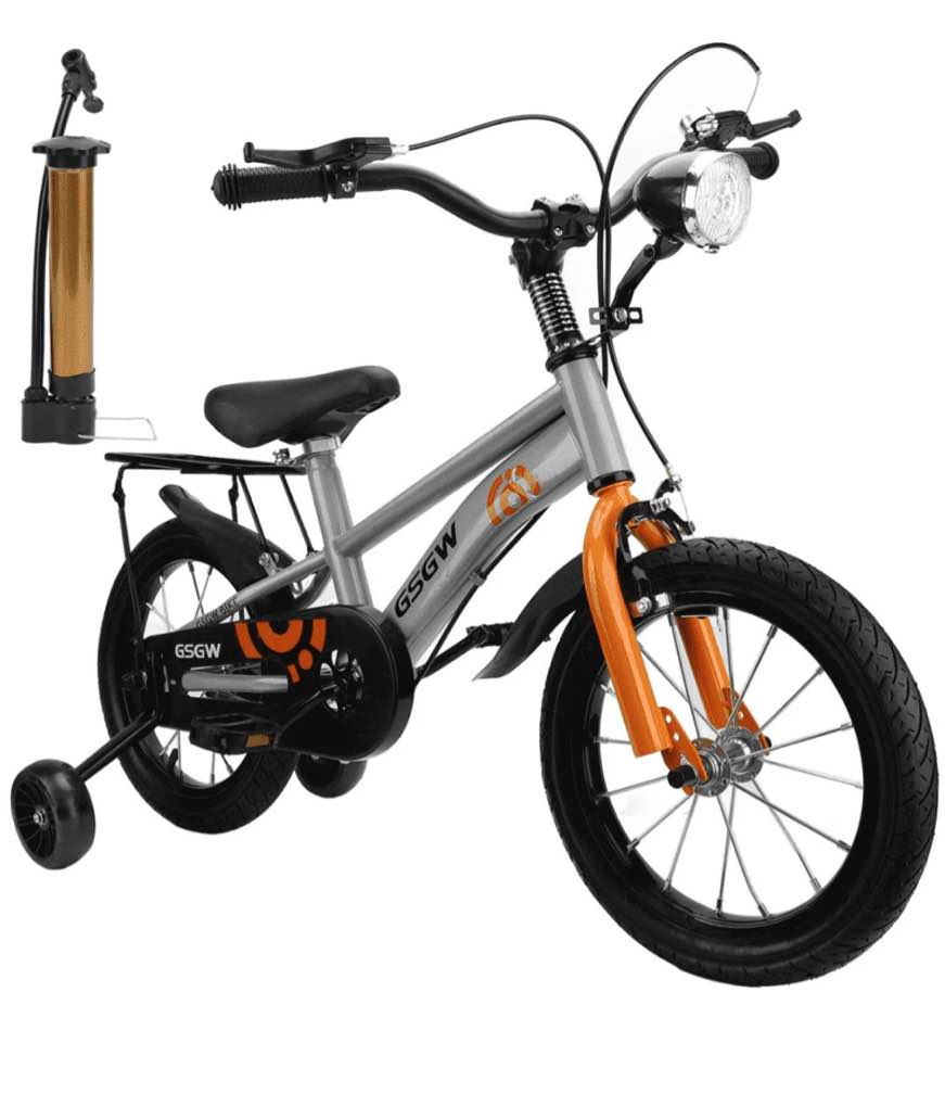 18" Kids Bike with Training Wheels, Height Adjustable Kids Bicycle with Headlight/Inflator, Birthday Xmas Gifts for Girls Boys Toddlers Kids Age 6-12