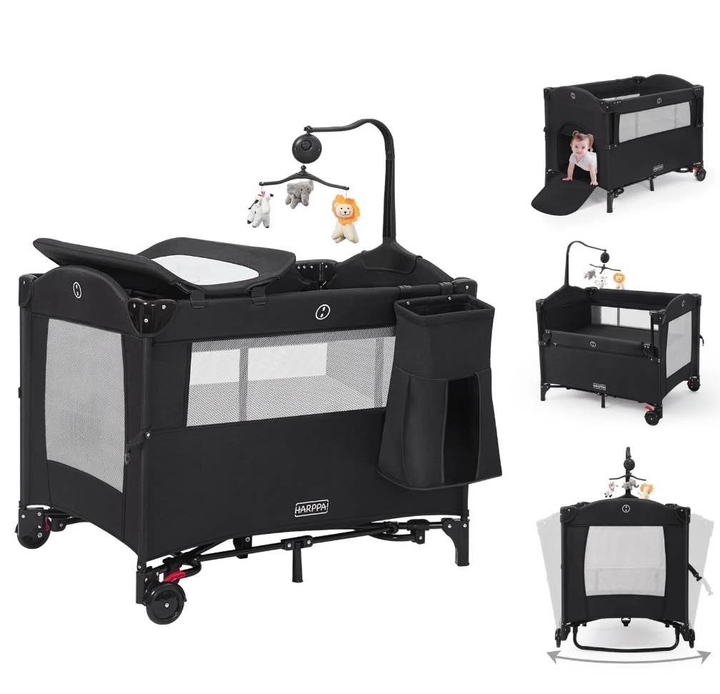 harppa 5 in 1 portable playard and bassinet bedside sleeper for newborn to toddler, unisex, black