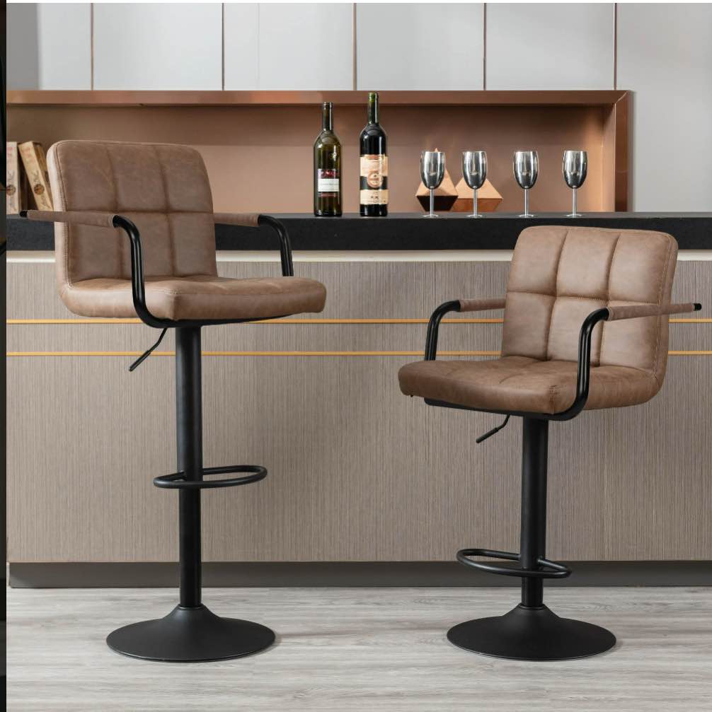 jonpony bar stools set of 2, back and armrest,vintage leather modern bar chairs for home and kitchen counter,brown,low back