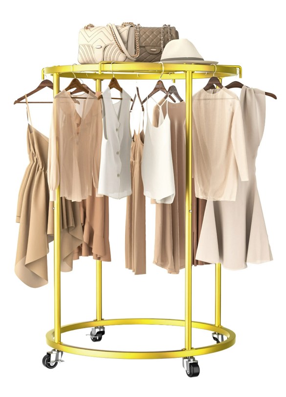 nefoso clothing garment rack,round clothes rack with 4 universal wheels and shelf standard rolling clothes organizer(gold)