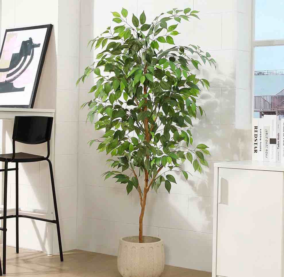 5FT Artificial Ficus Tree with Natural Wood Trunk and Lifelike Leaves, Silk Fake Potted Tree with Wood Branches, Faux Tree for Office Home Decor
