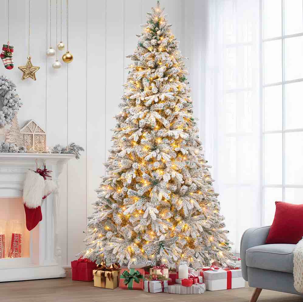 Firstness 6ft Pre-Lit Artificial Christmas Tree with 300 LED Lights,Snow Flocked