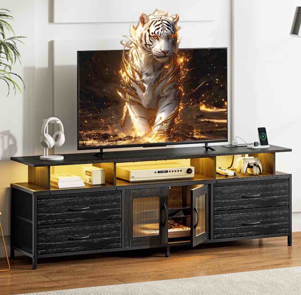 GUNAITO TV Stand for TV up to 70", Big TV Stand for Living Room Entertainment Center with LED Lights and 4 Fabric Drawers, Black oak