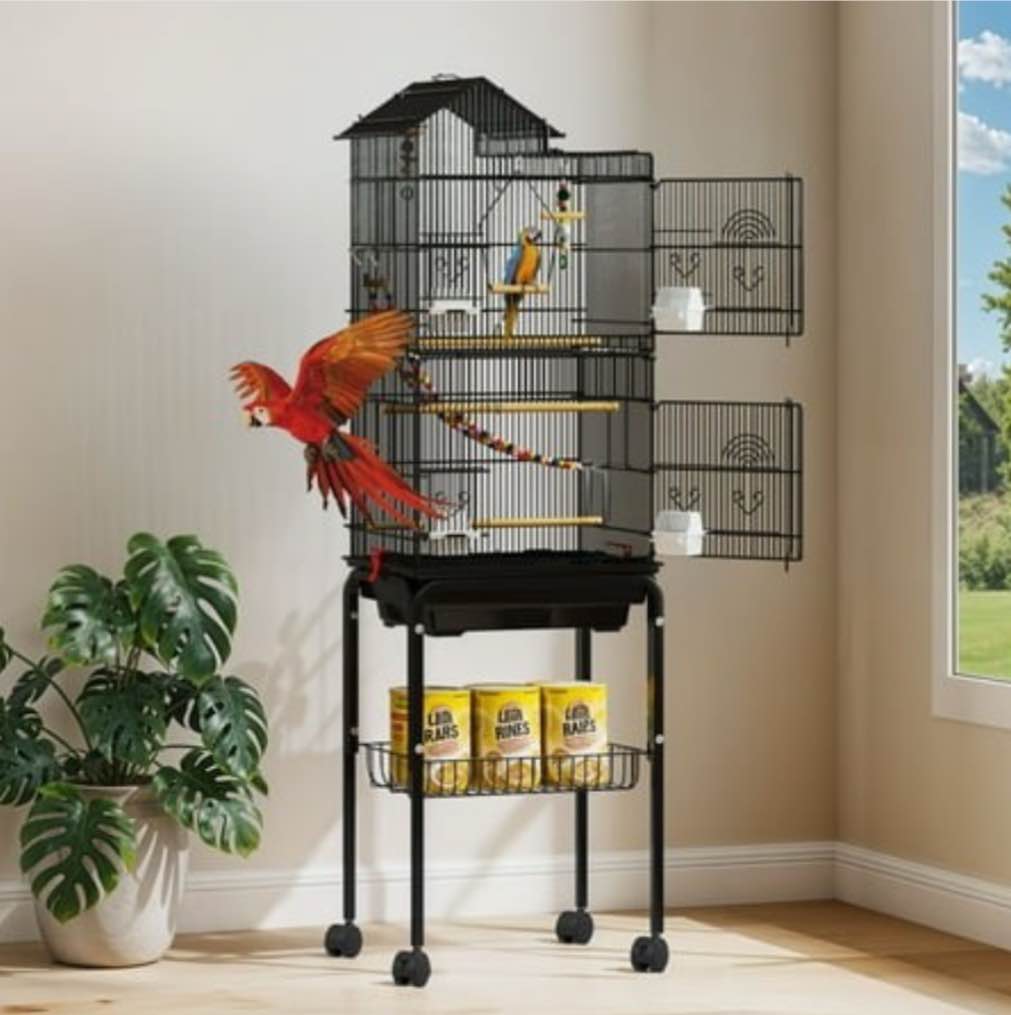 Uforic 62 Metal Birdcage with Rolling Stand and Castor Wheels Large Parrot Cage with 3 Perches and 4 Feeders Slide-Out Tray Black