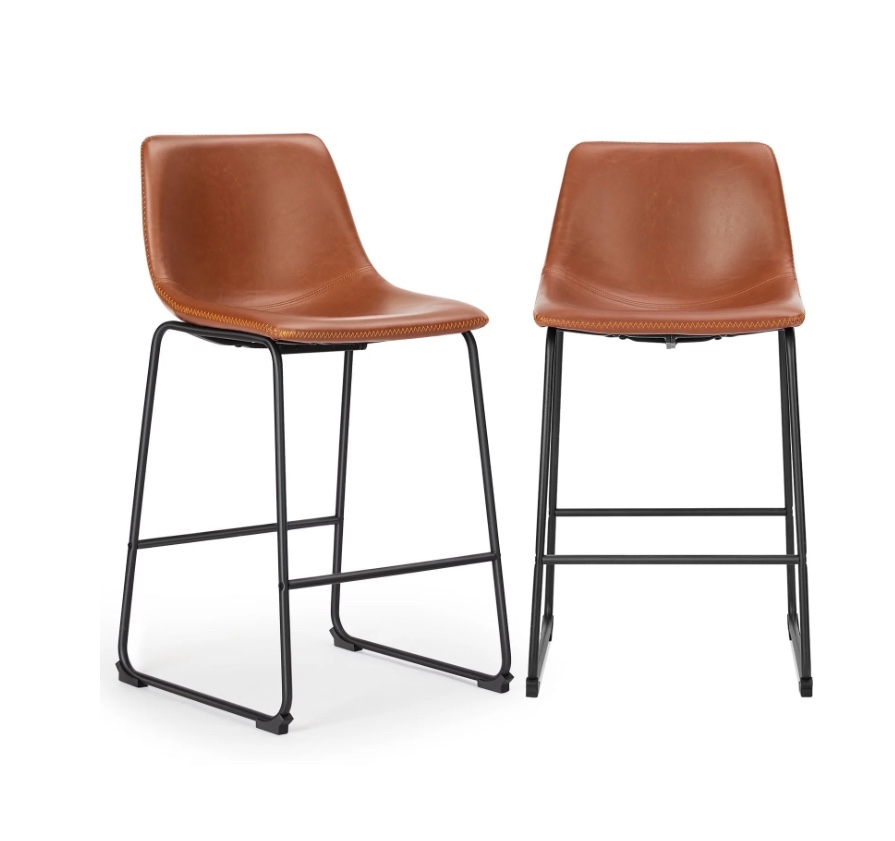 EDX Counter Height Bar Stools Set of 2 With Back and Footrest, Metal Frame, 26 inch, Brown