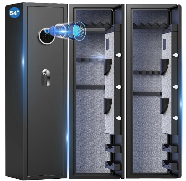 Omethey 4-5 Fireproof Gun Safes, Quick Access Fingerprint Gun Safe, Gun Cabinet with Backlit Keypad & Mute Mode, Long Gun Safe with Adjustable Gun Support, Removable Shelf & Metal Storage Box