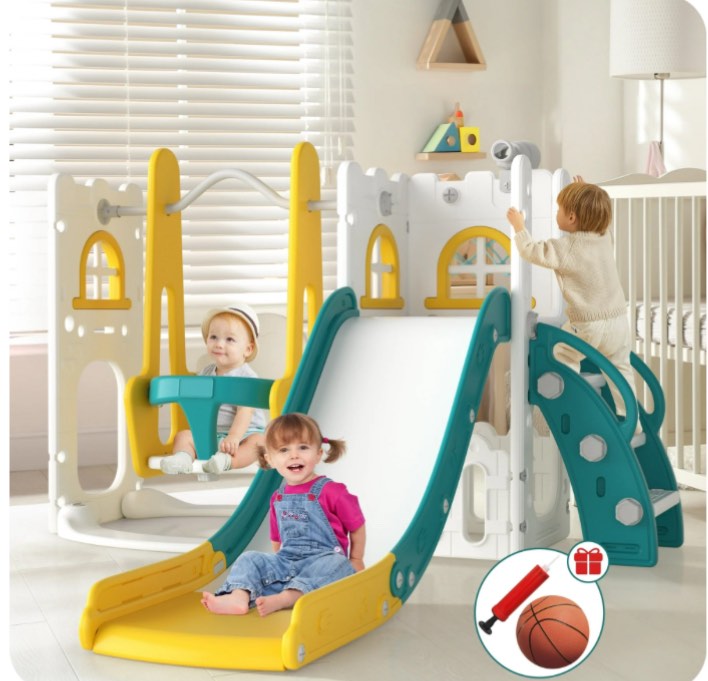 Aikidkit 6-in-1 Toddler Slide and Swing Set Indoor Outdoor Slide Playset with Swing Climber Basketball Hoop Telescope Toy Storage Space for Kids
